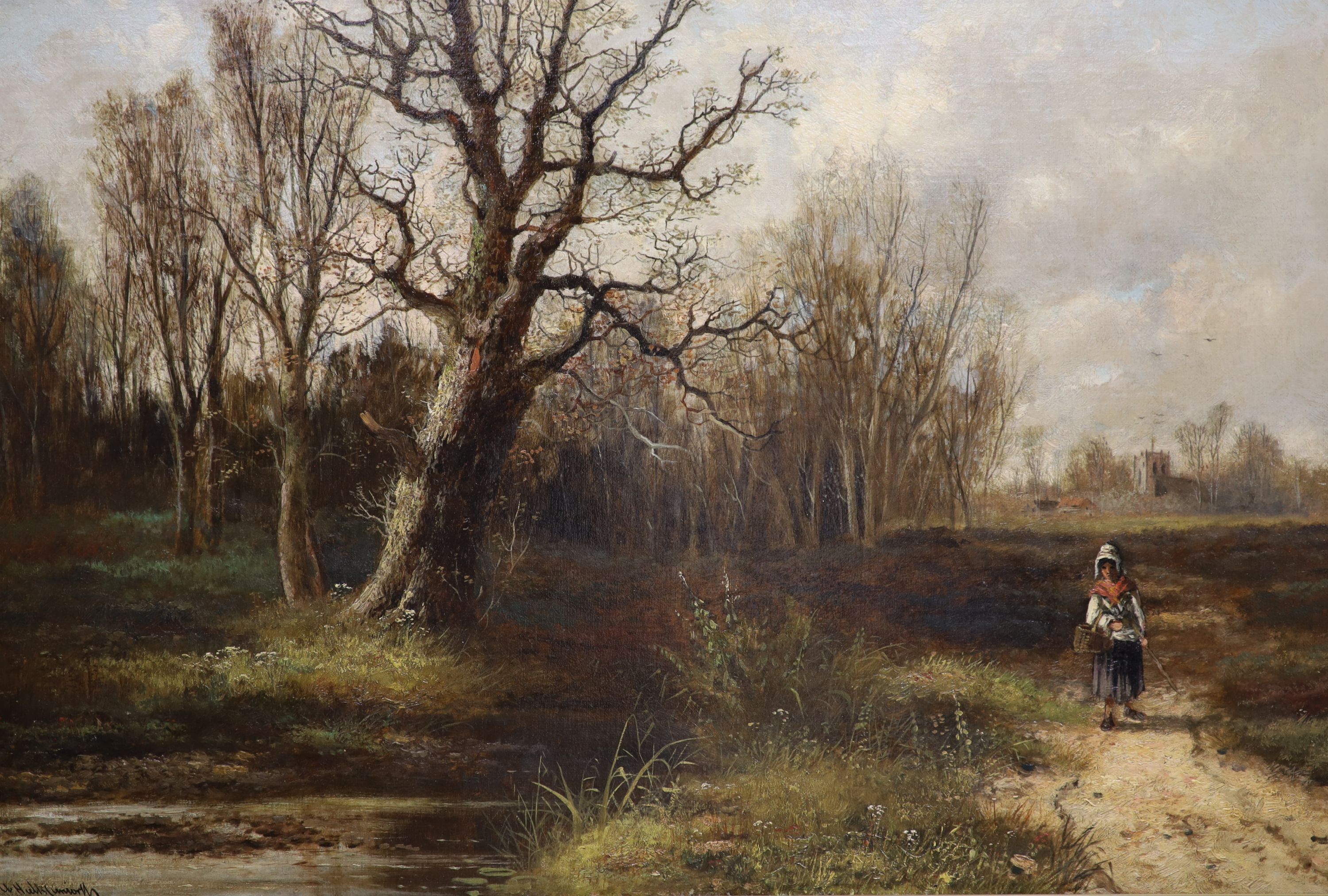 Abraham Hulk Jnr (1851-1922), oil on canvas, Wooded landscape with woman on a path, signed, 50 x 75cm